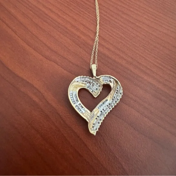 Diamond Heart Necklace 1/2 ct tw Round & Baguette 10K Yellow Gold 18" - Picture 9 of 11